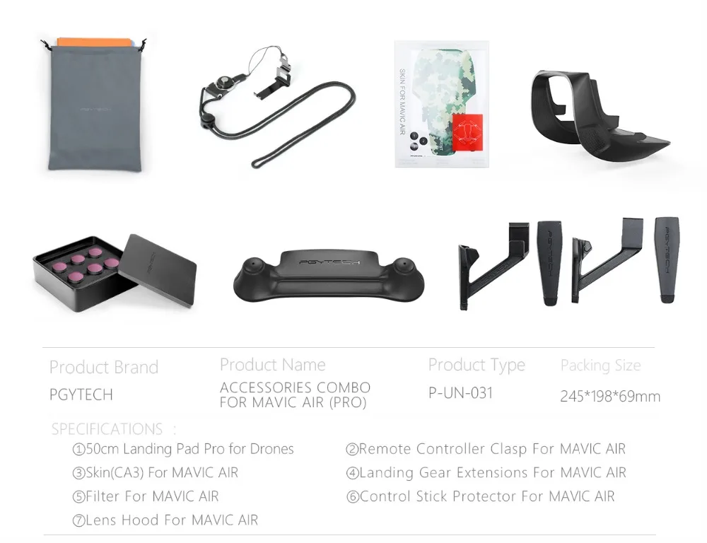 PGYTECH Mavic Air 7 в 1 PRO Combo аксессуары 6 шт. фильтры шасси бленда для объектива посадочные наклейки на планшет застежка для DJI MAVIC AIR
