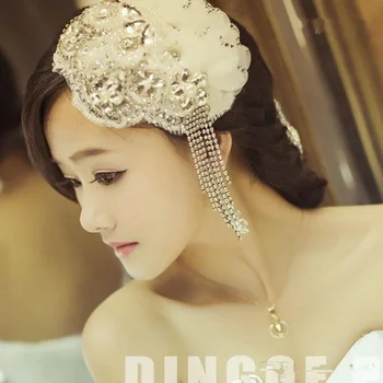 

2019 New Crystal Beaded Wedding Bridal Hair Accessories Tiaras Headpiece Bridal Hat Tulle Birdcage Lace Headpiece Bling Bling