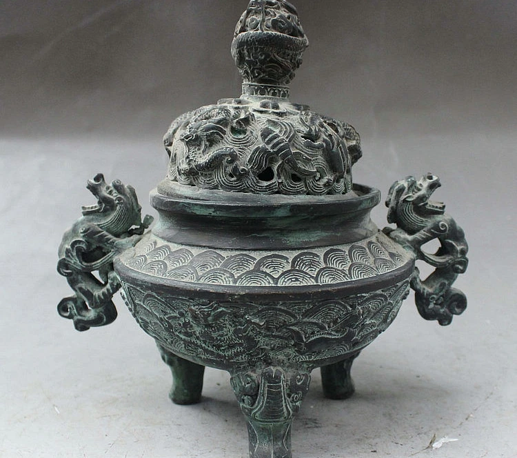 

8" Old China Folk Bronze Dragon Kylin Scorpion Elephant Tripod Incense Burner
