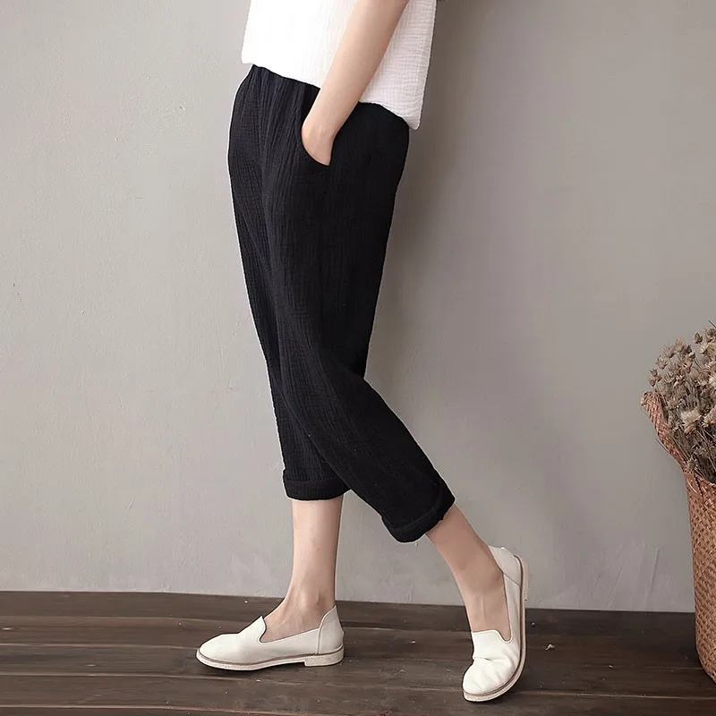 Женские весенние хлопковые льняные брюки, оригинальные узкие брюки с карманами, повседневные одноцветные плиссированные винтажные брюки размера плюс M-6XL