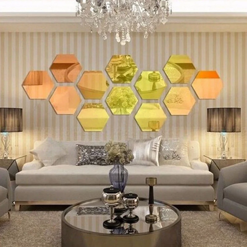 

12pcs/set Hexagon Decorative 3D Acrylic Mirror Wall Stickers Living Room Bedroom Home Decor Decoration