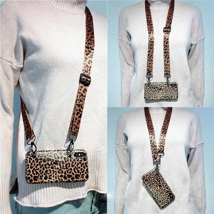 

case for iphone 7 8 plus X XS MAX XR case cover luxury leopard with shoulder strap silicon phone bag case for iphone 6 6s plus