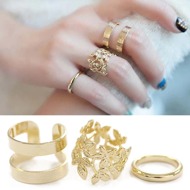 

3pcs/set Fashion Gold Color Rings Geometrical Finger Joint Ring Women Lady Charm Costume Jewelry Accessories