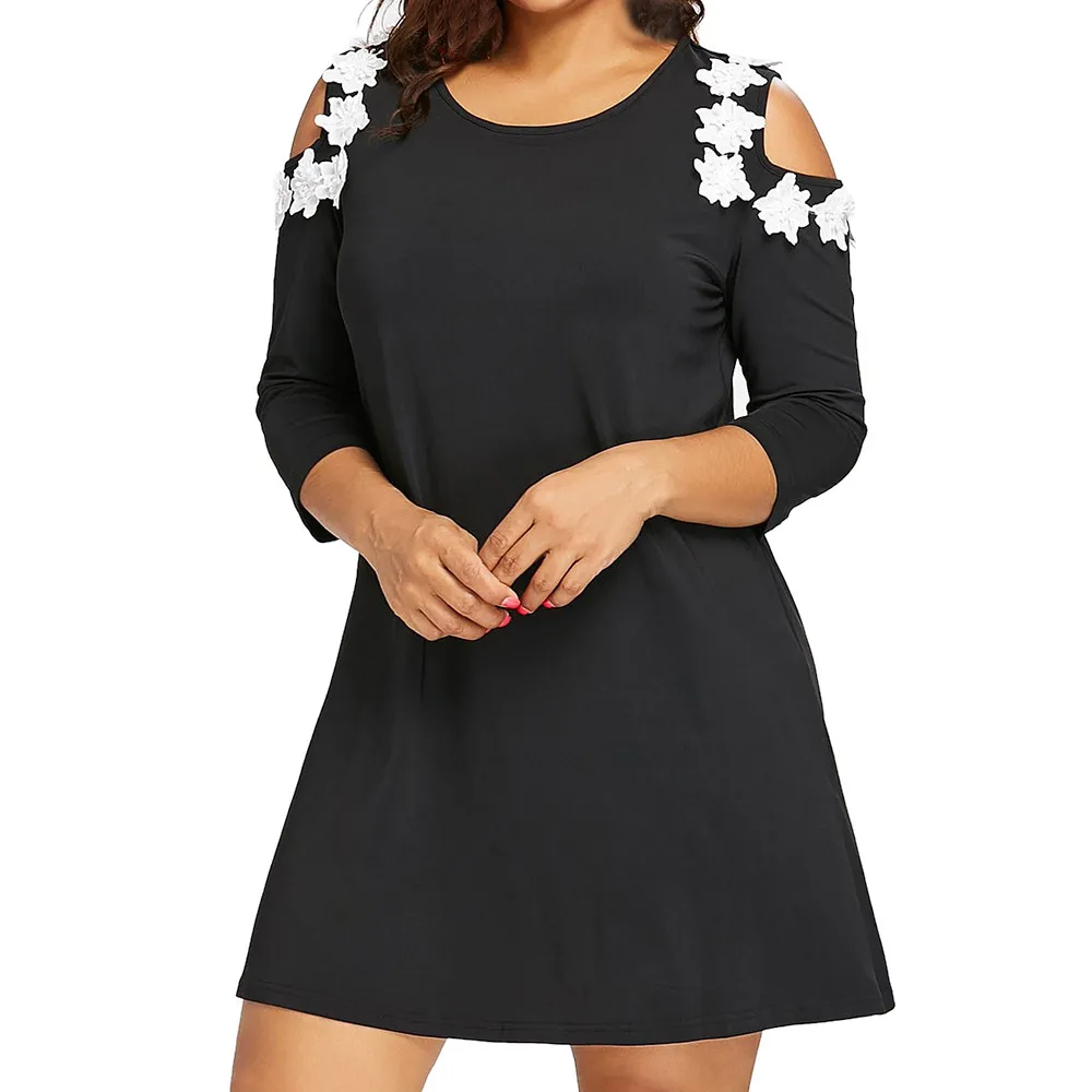 

Plus Size 5XL Women Applique Mini Dress Large Size Three Quarter Sleeve Hollow Out Shoulder Straight Dress Ladies Dresses7.5#23