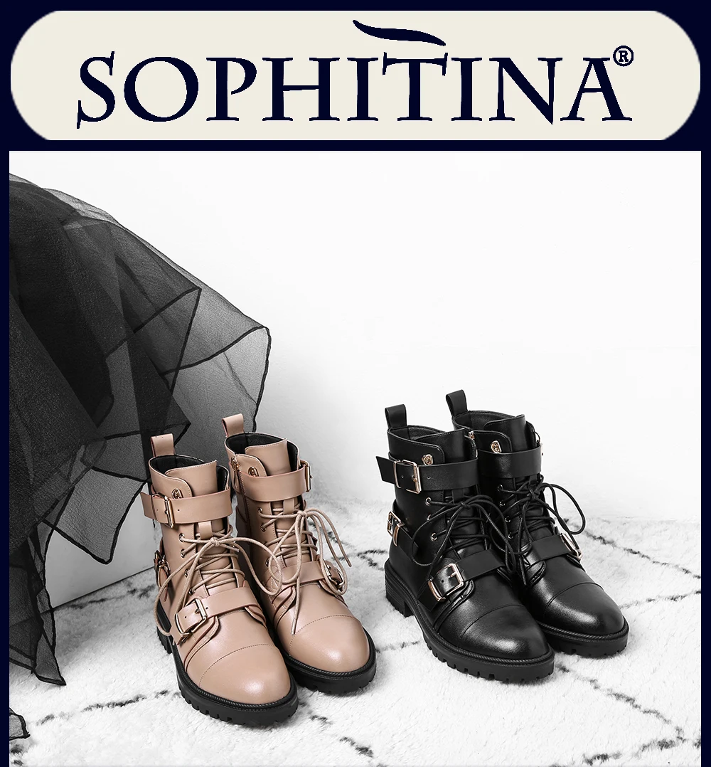 SOPHITINA/Ботинки женские на осень и зиму. Обувь женские из натуральной кожи, внутри ворсин. Модные демисезонные ботильоны с пряжками на ремешках и шнурками на квадратном каблуке и противоизящем толском подошве. SO226