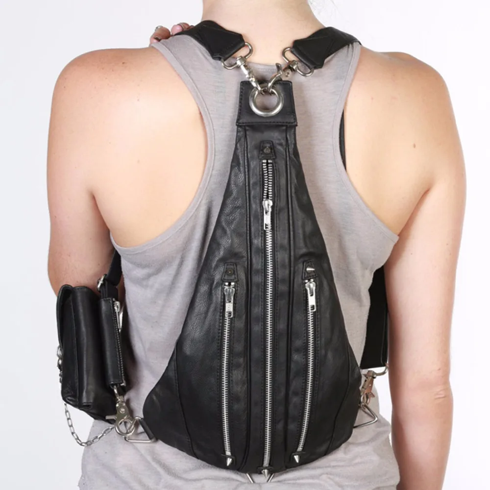 PU Leather Unisex Punk Backpack Daypack Zipper Multi Pocket Shoulder