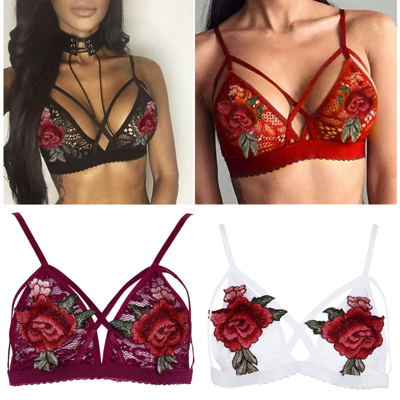 

Women Rose Embroidery Strappy Bralette Cross Bandage Thick Hollow Out Underwear