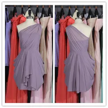 2015 New Style One Shoulder Simple Elegant Pleated Chiffon Knee Length purple Color Bridesmaid Dresess Plus SIze(BC051)