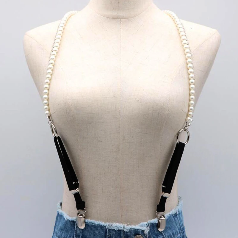 New Fashion suspenders women High Quality pearl Leather Suspenders male