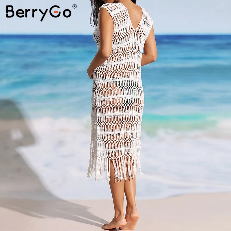 BerryGo женское платье кружевное накидка See through tassel пляжное сексуальный летний