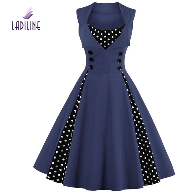 Ladiline 80 s 90 s sin mangas de moda elegante arco vestidos de calidad mujeres del verano dress dot algodón vintage dress yht1357d _ - AliExpress Mobile