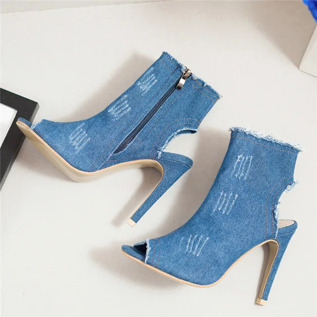 Женские босоножки на очень высоком каблуке 10 см; джинсовые туфли на шпильке; Летняя женская обувь на молнии; Sandalias - Цвет: light blue