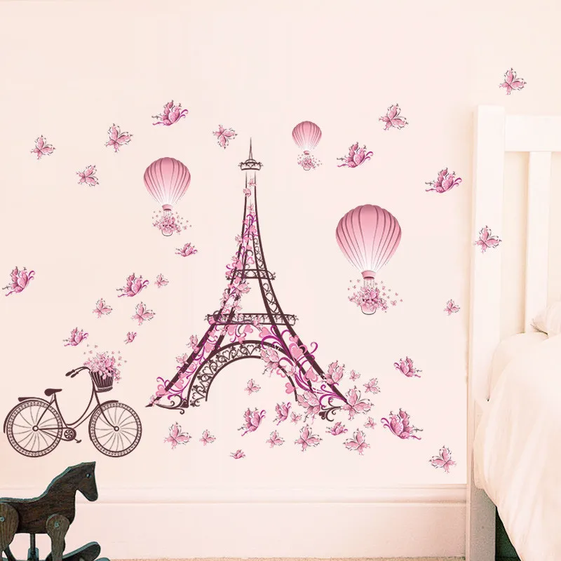 Романтическая Эйфелева башня Любовь Пара наклейки на стену наклейки для гостиной украшения велосипеда цветок воздушный шар свадебное украшение