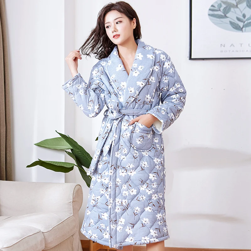 Winter small flower bathrobe long sleeve women pajamas quilted jacket