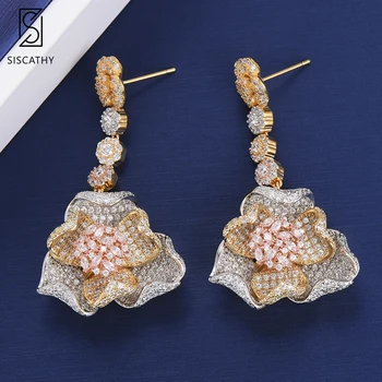 

Siscathy 29*52 mm Trendy Dubai Wedding Earrings Flower Cubic Zironia Long Pendant Drop Dangle Earrings pendientes mujer moda