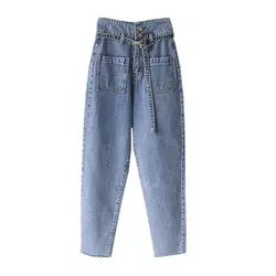 Джинсы женские 2019 Высокая талия для похудения 2 кнопки Карманы универсальные прямые джинсы ремень ковбойские джинсы женские брюки Капри