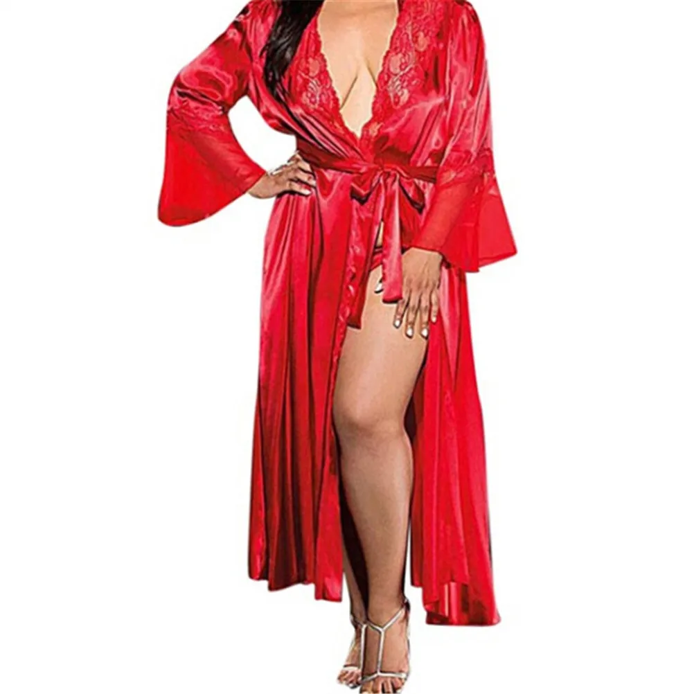 Женское сексуальное длинное шелковое кимоно, ночная рубашка, хлопок, черный, белый, красный, банный халат, ночные рубашки - Цвет: Красный