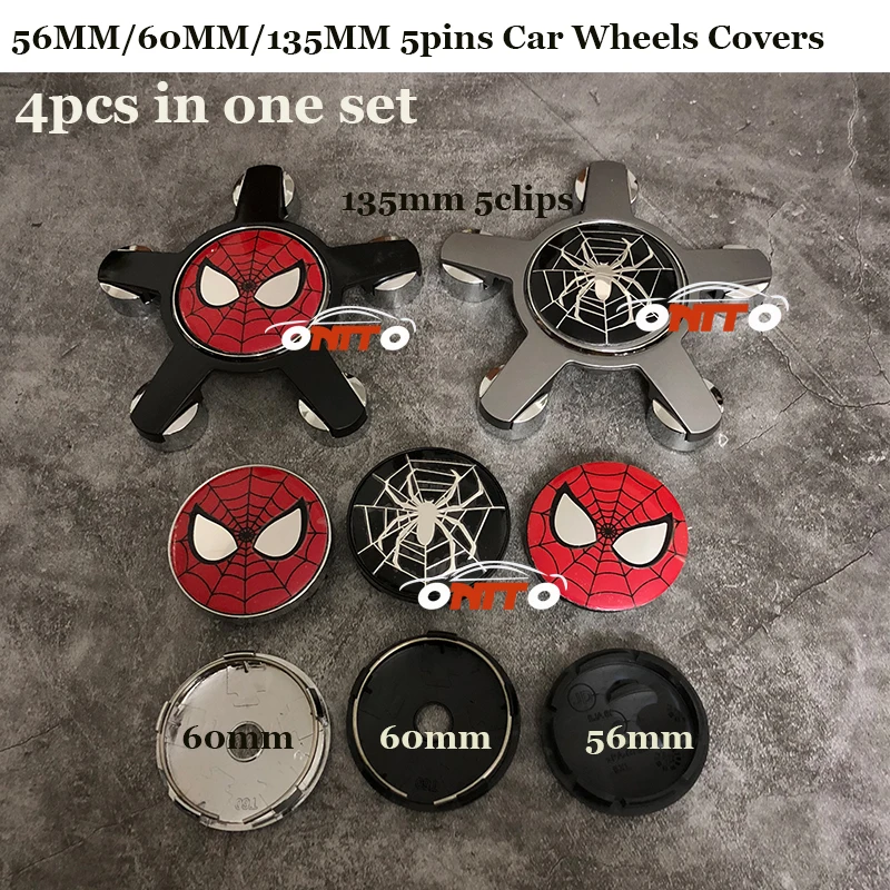 

Modification 56mm 60mm 135mm 5Claw Car-Covers For Spider-Man logo badge 4pcs/lot Car Emblem Rims Wheel Hub Center caps