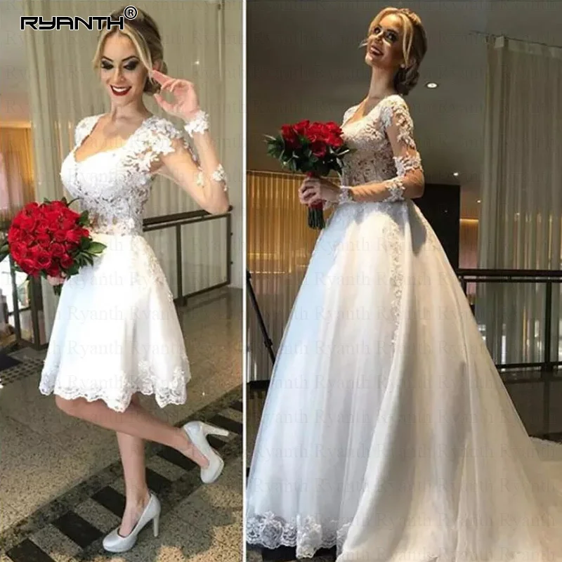 

Vestido De Noiva 2 in 1 Long Sleeves Wedding Dresses Illusion Back Lace Appliques Bridal Dress Ball Gown Bride RW03