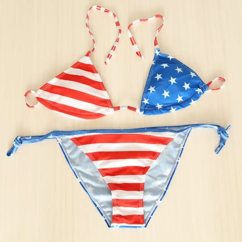 Newest Summer Lady Push up Padded USA Bikinis Women Swimwear American Flag Fringe Tassel Bandage