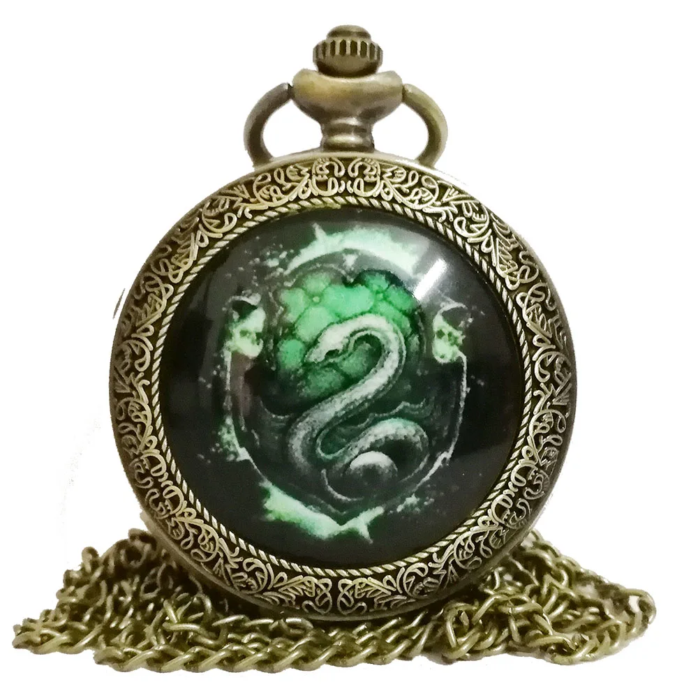 Винтажные Ретро H Гарри Поттер Хогвартс школьный купол кварцевые карманные часы аналоговый кулон ожерелье Мужские Женские часы цепочка подарок - Цвет: Green Snake