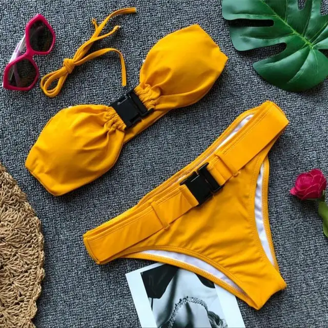 Bandeau Top buckle bikini high waisted solid swimsuit with belt buckle