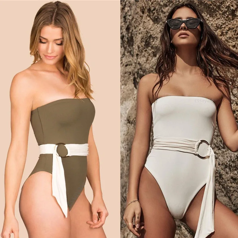 

2018 Sexy Strapless Bodysuits One Piece Swimsuit Swimwear Women Female Brazilian Beach Wear Cut Out Bathing Suit Belt Monokini