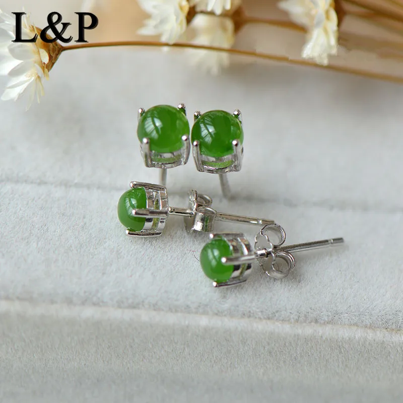 

Vintage Ethnic Pure Handmade 925 sterling silver jewelry inlaid natural Jade retro oval earrings Earrings for men and women