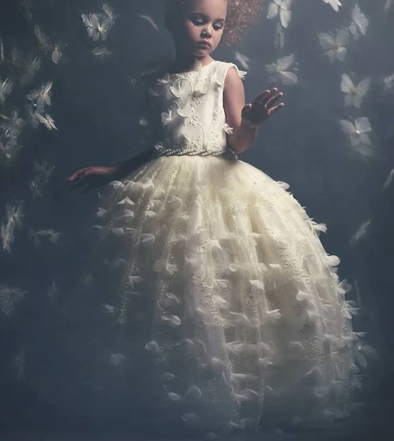 Cheap Custom Make Little Girls Ball Gown Party Dresses Crew Neckline Flowers Floor Length Little Flower Girls' Dresses