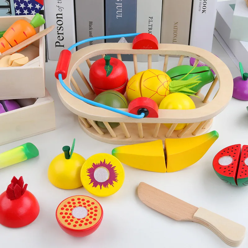Online WOODADDY Simulation Gemüse Obst Schneiden Set Holz Spielzeug Für Kinder Holz Tablett Korb Lebensmittel Küche Spielzeug Bildungs Mädchen geschenk