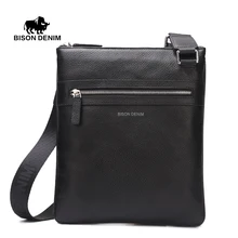 Bison denim de los hombres bolsa de hombro bolsa de mensajero de la taleguilla del cuero genuino ipad tablet negro suave delgada ocasional masculina bolsa n2424-1b