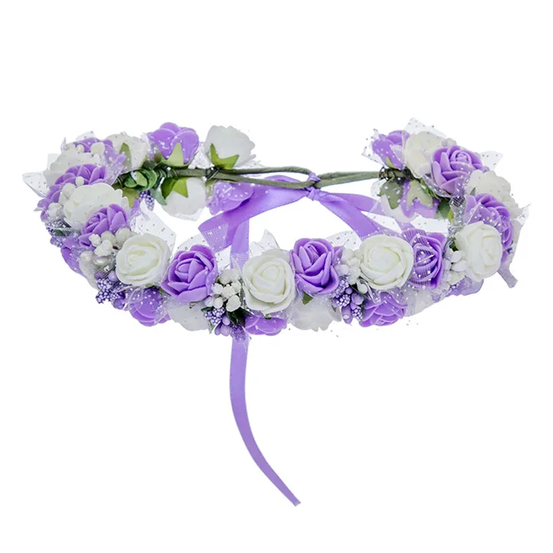 Женский ободок цветы на голову AWAYTR корона с цветами для девочки Венок Свадебные аксессуары для волос Двойная Пена роза цветочный ободок - Цвет: Фиолетовый