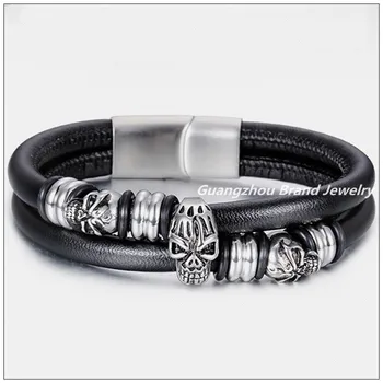 

16mm Top Grade Genuine Black Leather 316L Stainless Steel Silver color Skeleton Skull Clasp New Mens Wristband Bracelet 8.46"