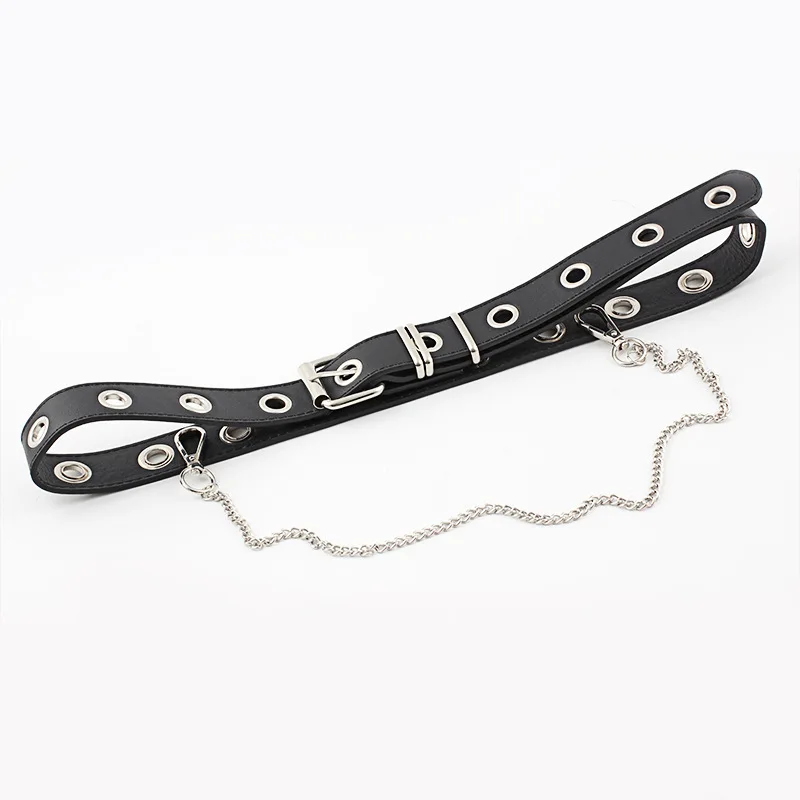 Women Punk metal chain PU leather Fashion Belt Adjustable Single Eyelet Grommet Leather Buckle Belt Multicolor selection - Цвет: black chain