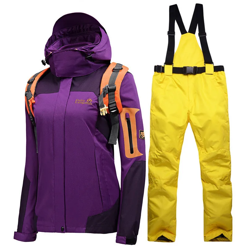 Traje de esquí de Invierno para mujer marca 2018 chaqueta de esquí de alta calidad y pantalones de nieve Cálido impermeable a prueba de viento esquí y snowboard trajes