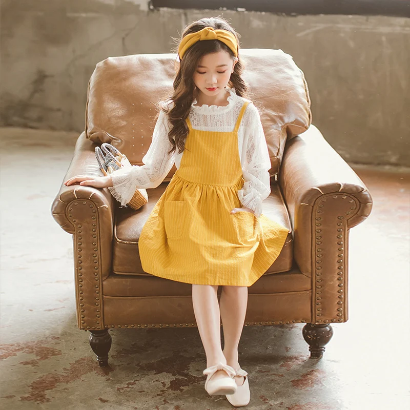 

2019 Tracksuit For Girls Teenagers Clothes For 8 To 12 Years Spring Long Sleeve Lace Shirt + Jumpsuit Dress 2pcs School Costume