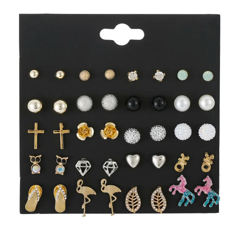 

YANG&RH 20Pairs/Lot Punk Flower Stud Earrings For Women Fashion Unicorn Flamingo Earrings Mixed New Crystal Pearl Brincos Earing