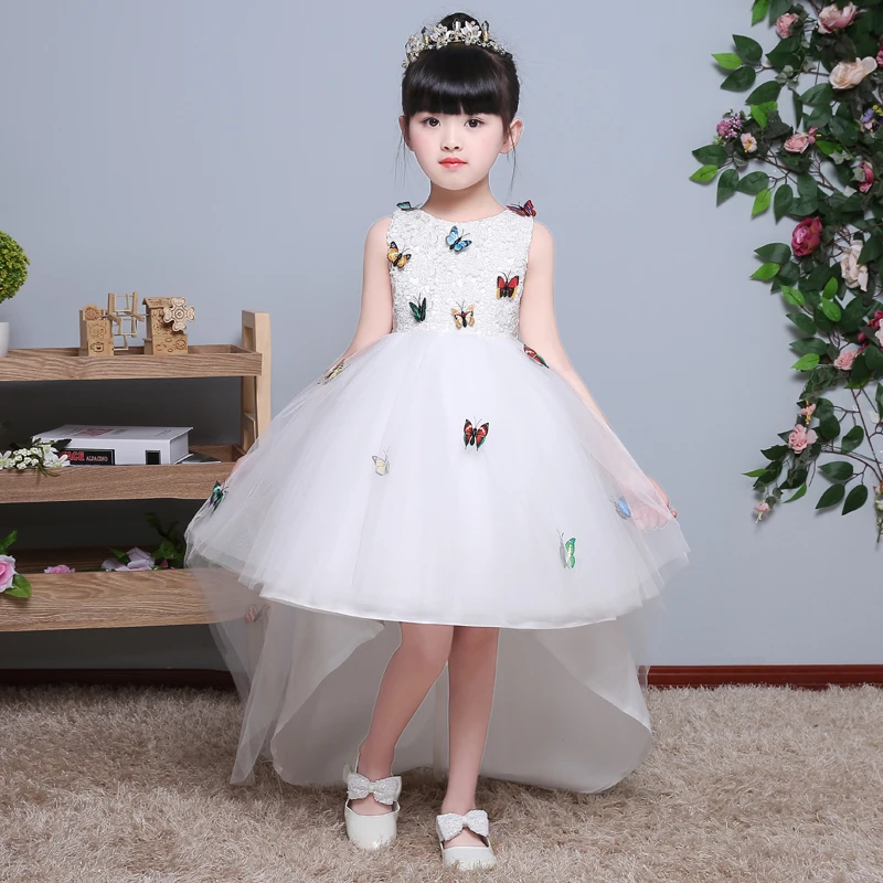 

White Lace Long Trailing wedding Dress Flower Girl Dresses Butterfly Bow First Communion Dresses For Girls pageant dresses