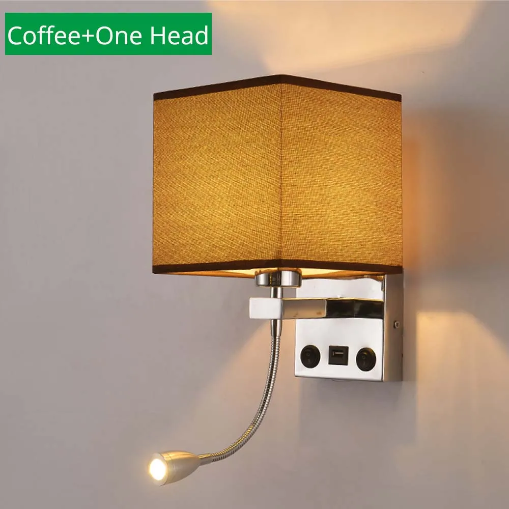 Современный светодиодный для помещений настенный светильник прикроватный спальня аппликация бра с выключателем USB E27 лампа для интерьера изголовье дома отель настенные светильники - Цвет абажура: Coffee One Head