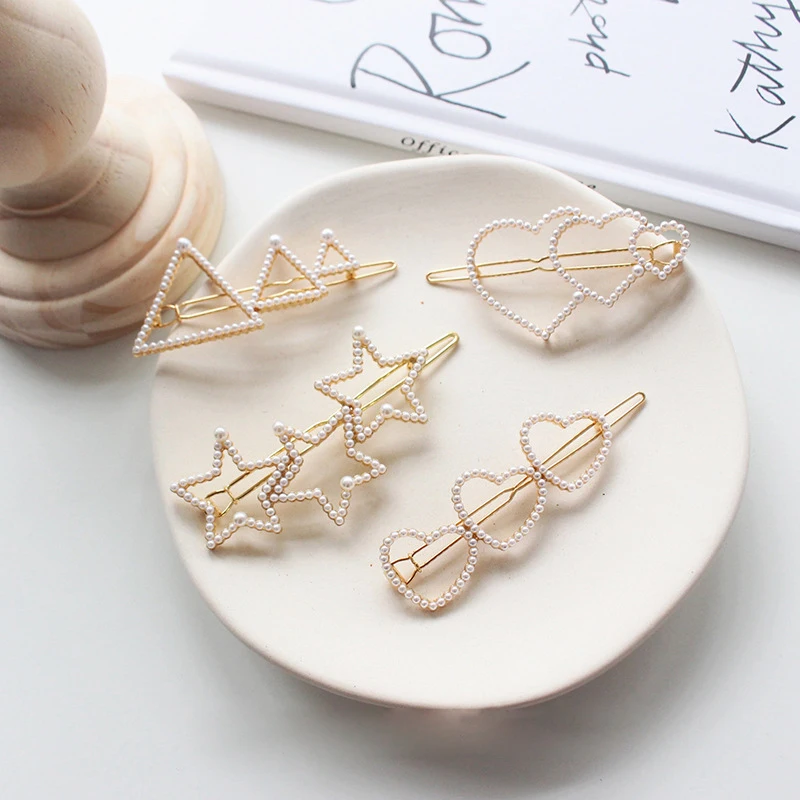 

New Korea Pearl Love heart Five-pointed star Hairpin Geometric Triangle Hairpins Women Hair Accessories Pearl Hairpin Bangs 29