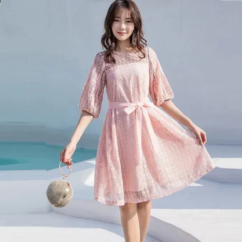 

2019Spring Fashion Ladies elegant Lace Dress Women O neck waist sashes lantern sleeve plus size ball gown Dress vestido M-XXXXL