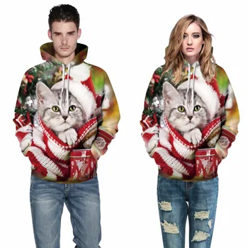 

Long Sleeve Merry Christmas Couples Hoodie Pull Over Cute Cat Dot Print Unisex Cosply Christmas Father Sweatshirts Plus Size