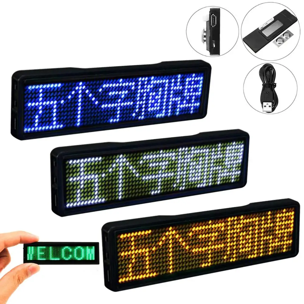 

Adjustable LED Mini Digital Rechargeable Scrolling Name Message Tag Sign Programmable 4 levels Brightness Chest Card 7 Colors