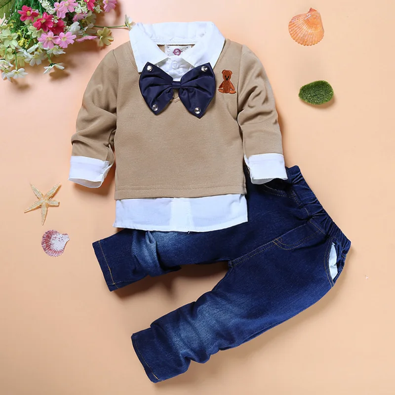 Hooyi/костюмы джентльмена для маленьких мальчиков Модный Детский комплект из 2 предметов, Детская рубашка+ джинсы, одежда для мальчиков футболки с большим галстуком-бабочкой и брюки - Цвет: 1