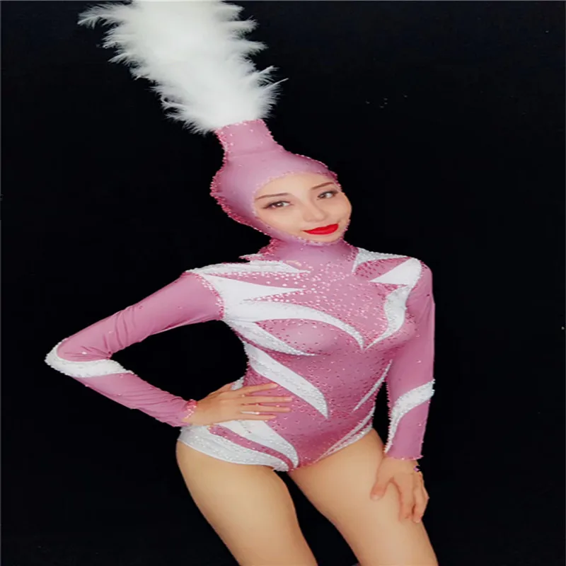 

K14 Singer sexu bodysuit ballroom dance costume prom jumpsuit female pink dress clothe dj feather headwear party catwalk outfit
