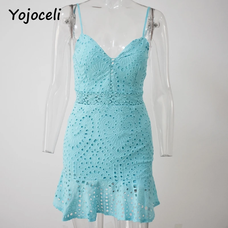 Yojoceli, открытое белое кружевное мини-платье с цветочным рисунком, без рукавов, на бретелях, платья для вечеринок, женское летнее пляжное короткое платье для фитнеса, vestidos