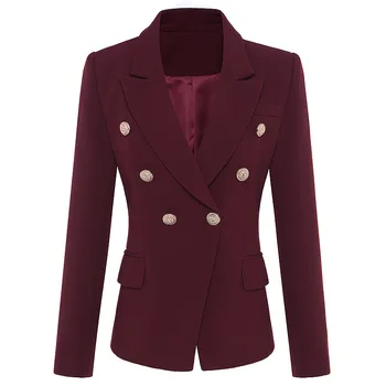 

TOP QUALITY Coat Blazer Femme Gold Button Metal Lion's Head Full Sleeeve Double Breasted Slim Wine Red Jackets Blazer Women 1766