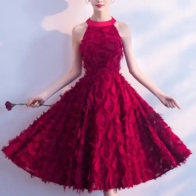 

Party Dress red Sleeveless halter slim a-line dress Women vintage feathers off the shoulder princess Dress