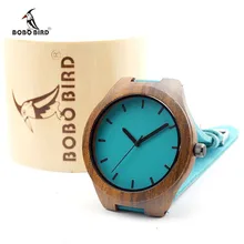 BOBO BIRD En Bois Montres avec Bleu Véritable Bande de Cuir De Luxe En Bois Montre-Bracelet Japon Mouvement “Quartz Montre Nouveauté Cadeaux