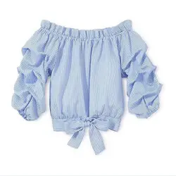 Для детей, для малышей, для девочек синяя блузка в полоску с открытыми плечами; Детские топы; Футболка повязка для одежды с бантом Летнее